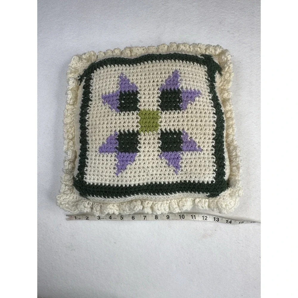 Vintage‎ Crochet Square Pillow Cream Purple Green Decorative Cottage Granny